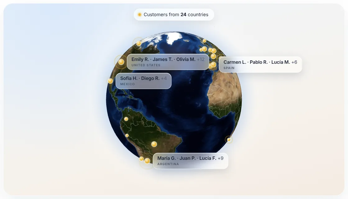 El globo de GlobeProof con clientes de ejemplo en Estados Unidos, México, España, Brasil y Argentina